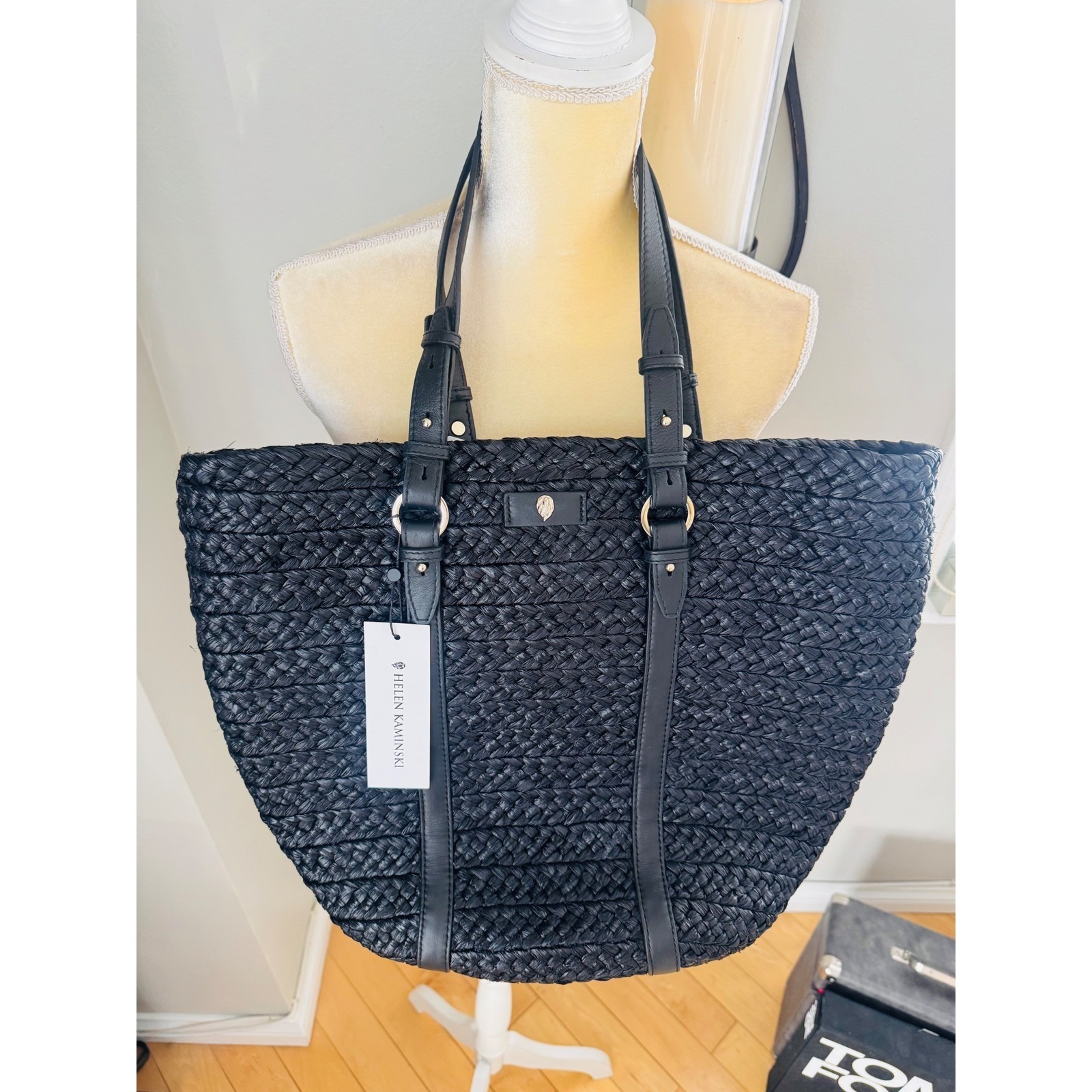 Helen Kaminski Pinimil Bridle Raffia Tote Bag, Black, Designer Luxury, Nwt